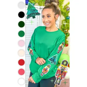 Tees2urdoor Women's Cotton Round Neck Long Sleeve Fitted Graphic T-Shirt - Nutcracker & Christmas Tree Sequin Sparkle Sleeve Casual Top