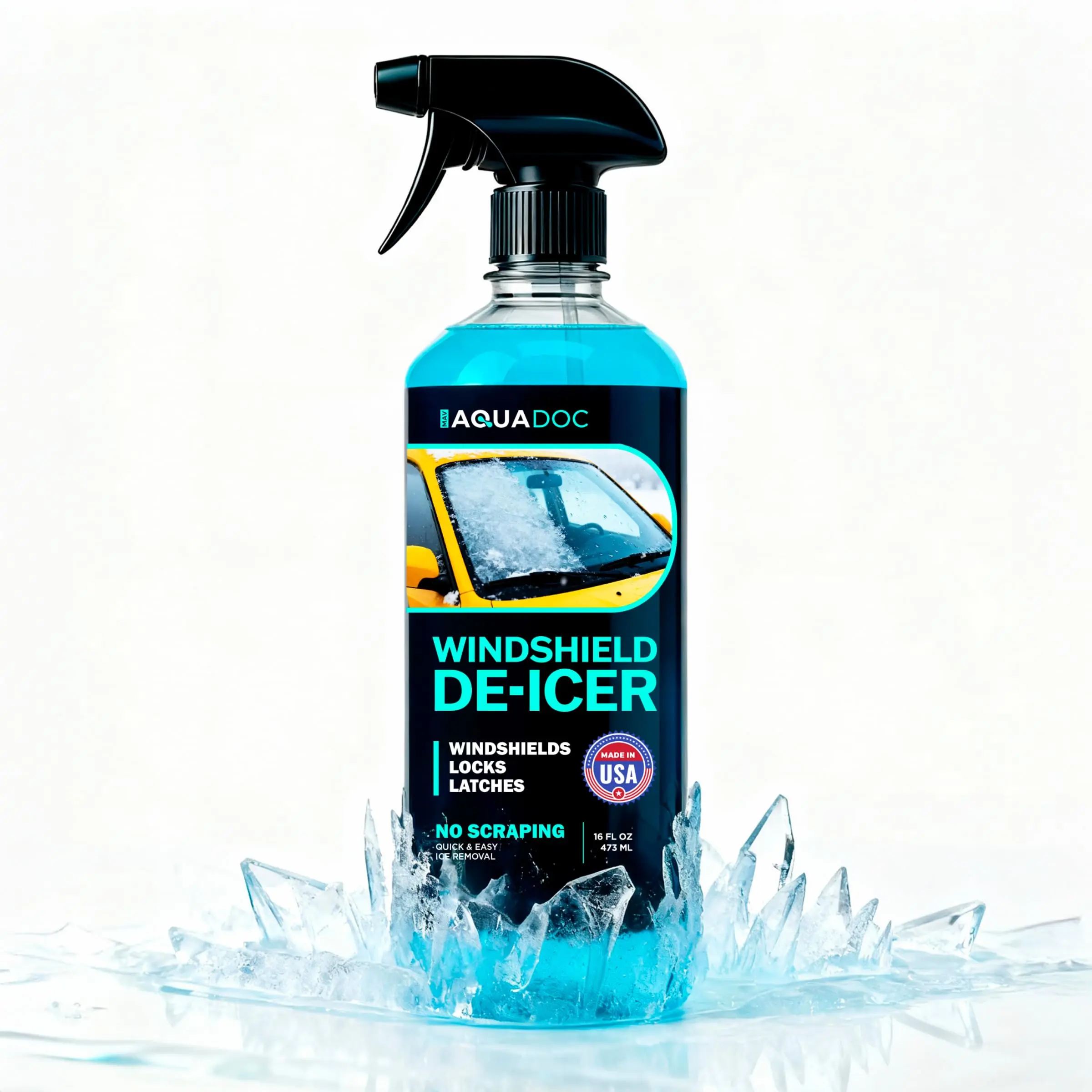 AquaDoc Liquid De-Icer for Cars - Efficient Ice Removal for Windshields, Windows, Door Locks & Latches - 16oz Spray