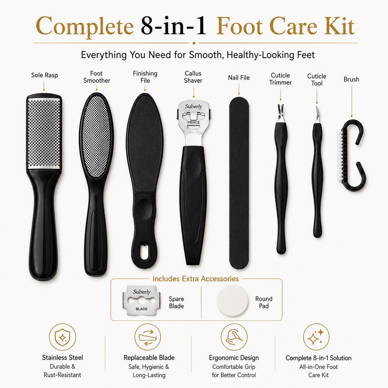 8-in-1 Professional Stainless Steel Foot File Pedicure Tool Set | Heavy Duty Callus & Dead Skin Remover for Cracked Heels Repair | FootTok Salon-Grade At-Home Pedi Kit | Baby Soft Feet Self Care Grooming Essential for Daily Foot Maintenance & Travel
