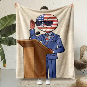 Warm Cozy Flannel Blanket, USA Flag Cartoon Ball Speech Print Soft Nap Throw for Bed & Couch, Durable Home Office Decor Blanket, Bedroom Patriotic Decor Accessories