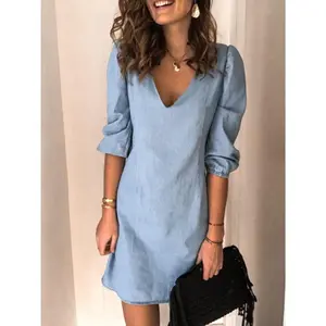 Full Size V-Neck Half Sleeve Denim Dress