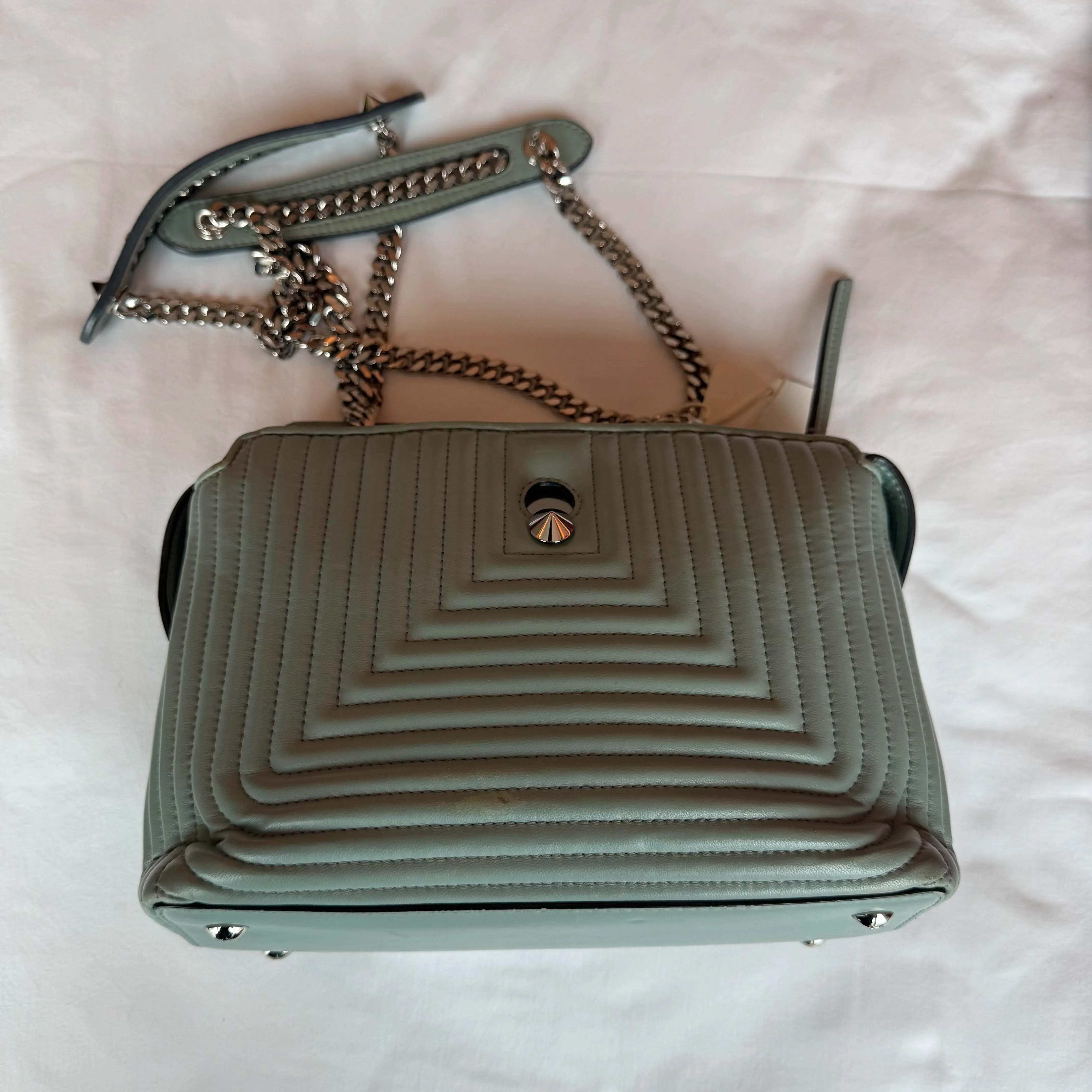 Pre-owned FENDI DotCom Click Small Sage Green Quilted Lambskin Leather Silver Turn Lock Chain Shoulder Crossbody Bag