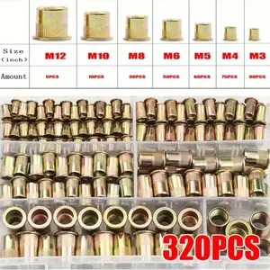320pcs Zinc-Plated Rivet Nuts M3-M12 Set, Flat Head Vertical Groove Pull Rivet Nuts, Durable Fasteners for Various Applications