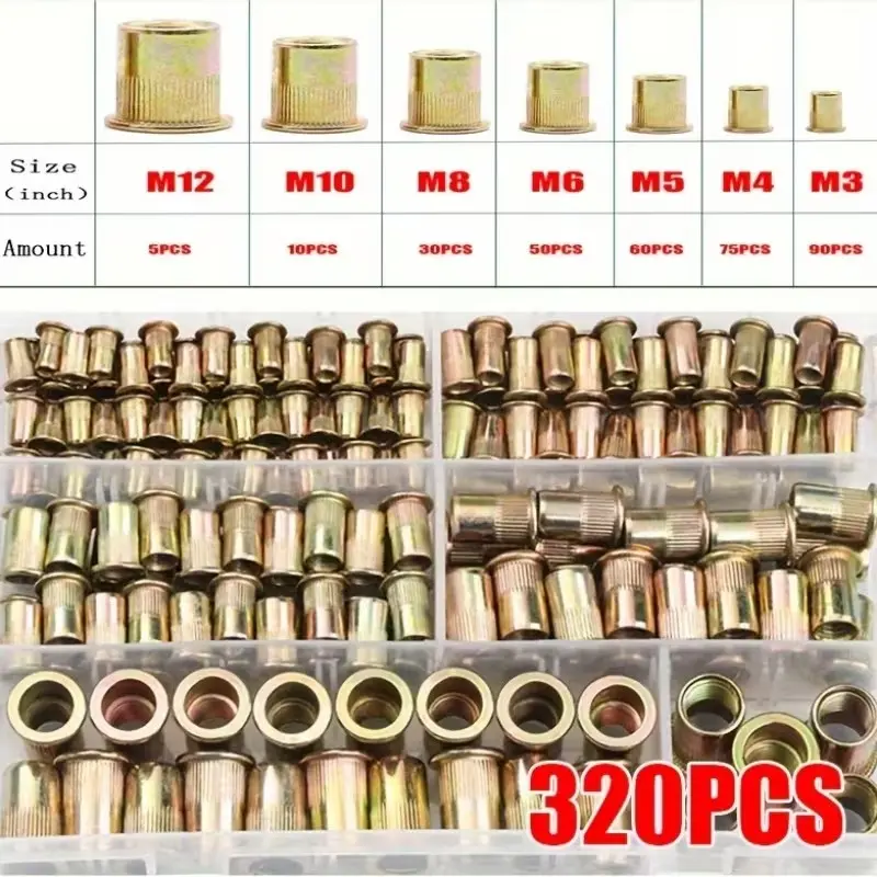 320pcs Zinc-Plated Rivet Nuts M3-M12 Set, Flat Head Vertical Groove Pull Rivet Nuts, Durable Fasteners for Various Applications