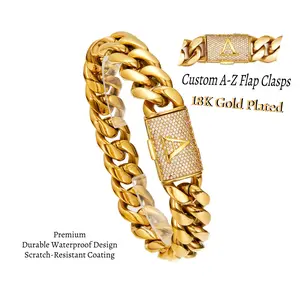 18K Gold Plated 14mm Miami Cuban Link Initial Letter A-Z Bracelet with Custom Lnitial Engraved Flip Clasp Stainless Steel Solid Heavy Miami Cuban for Mens Womens Hip Hop Jewelry Trendy Fashionable Accessories