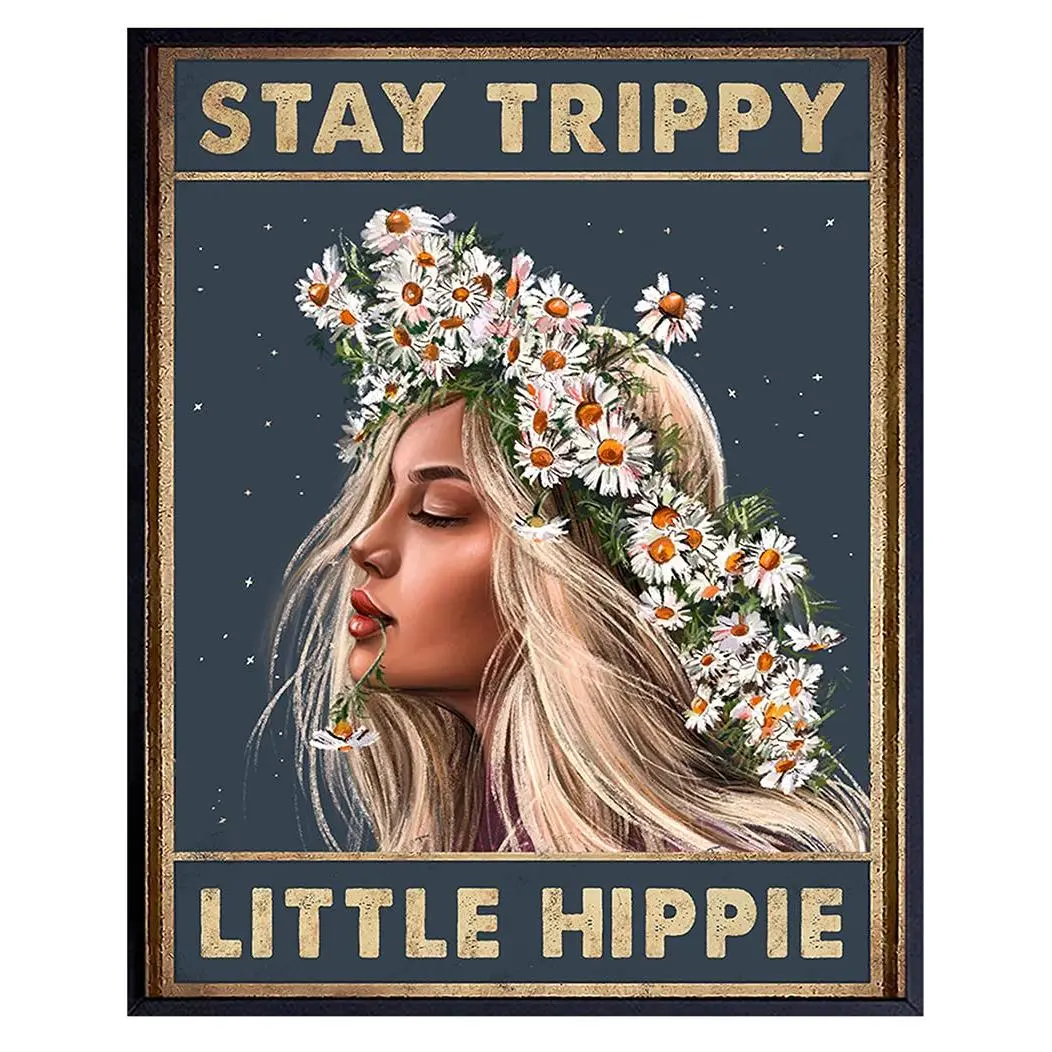 Trendy Poster Stay Trippy Little Hippie Wall Art - Boho Wall Decor Gifts - Bohemian Art - Trippy Decor - Daisy Home Print - Women, Teen Girls Bedroom - Positive Quotes - Hippy Living Room Decoration Poster Photo Ornaments Artistic