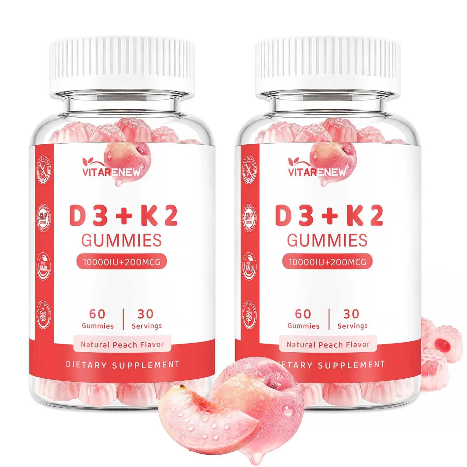 VitaminD3 10000IU VitaminK2 MK7 200mcg Gummies with Zinc, Peach, 2-Pack 120 Count, Bone Heart Immune Support