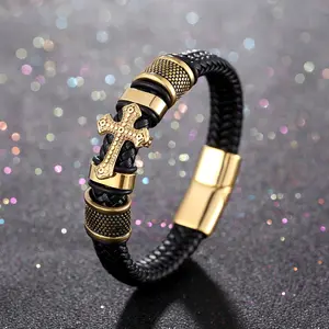 Leather Handmade Braided Bracelet Leather Woven Cross Men's Leather Bracelet Vintage Trend