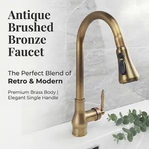 Bronze Pull-Down Kitchen Faucet, Full Copper Craft Cold Hot Tap, Multi-Mode Sprayer, Durable Leakproof, Classic Feel, Includes 2x 60cm Soft Hoses