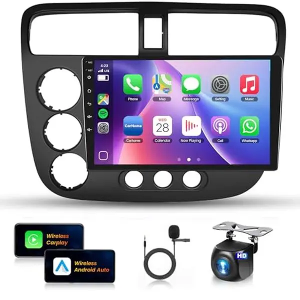 Podofo 9in Android OS Car Radio for Honda Civic 2001-2005, 2+64G Stereo with 1024*600p Display, Wireless CarPlay, Android Auto, GPS Navigation, WiFi, Bluetooth, 28UI, FM/RDS, Mirror Link, HD Backup Camera, SWC, Car Audio (Father's Day Gift)