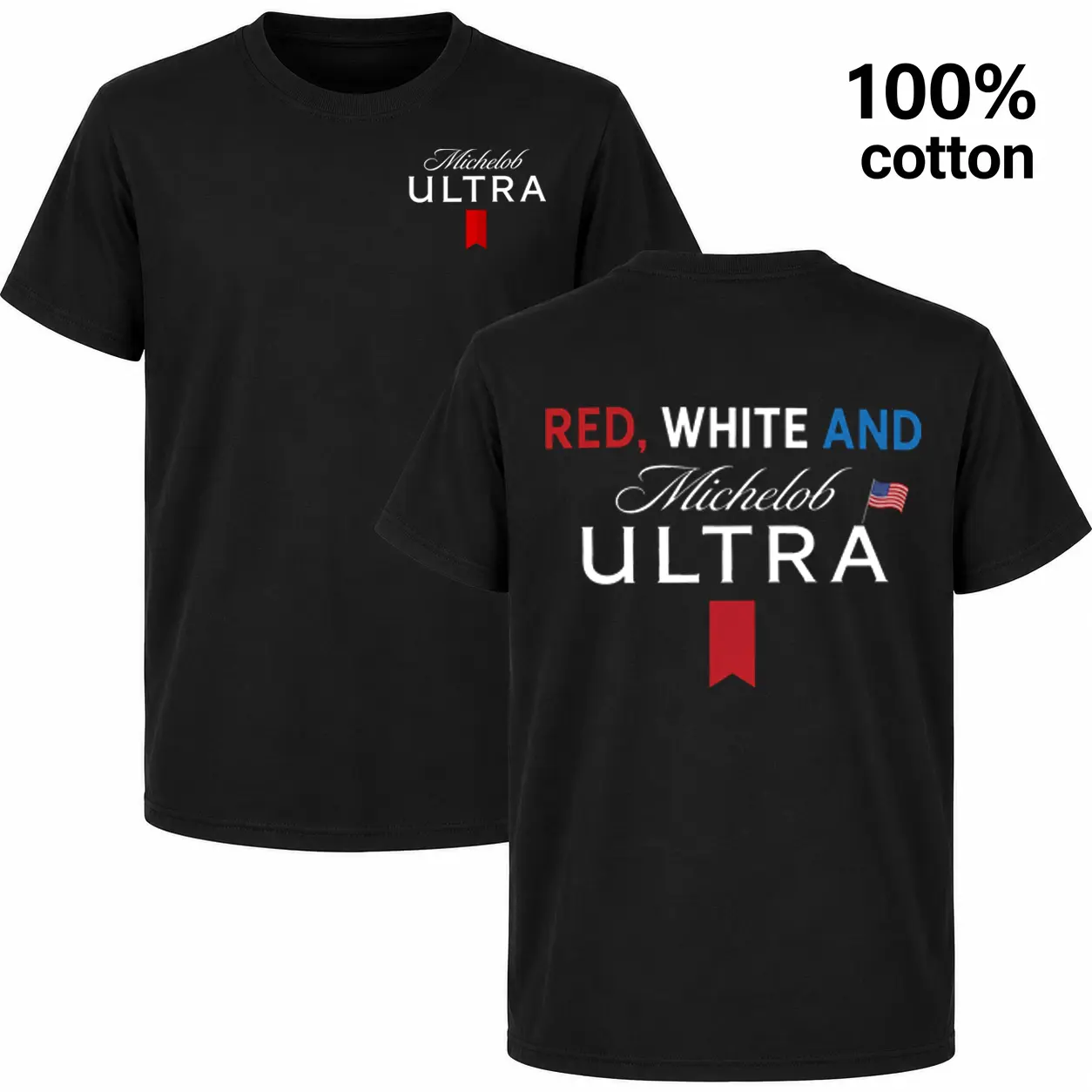 Michelob ULTRA Beer Patriotic Flag Graphic Tee - 100% Cotton Short Sleeve