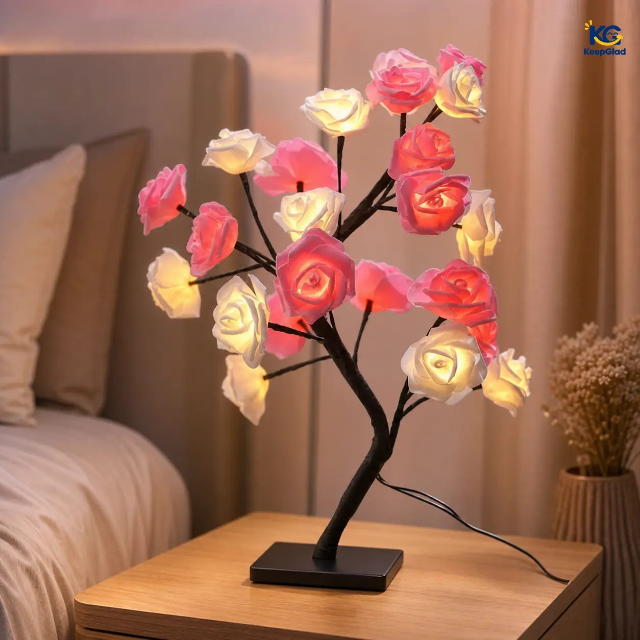 KeepGlad Rose Tree Night Light - USB-Powered LED Table Lamp with Plastic Frame, Aesthetic Flower Lamp for Bedroom Home Decor, Valentine’s Day Gift