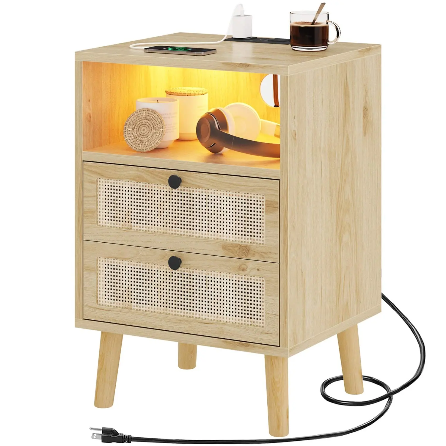 Sikaic Rattan LED Nightstand with Charging Station - 2-Drawer Boho Bedside Table, Natural Finish Indoor Furniture for Bedroom Decor