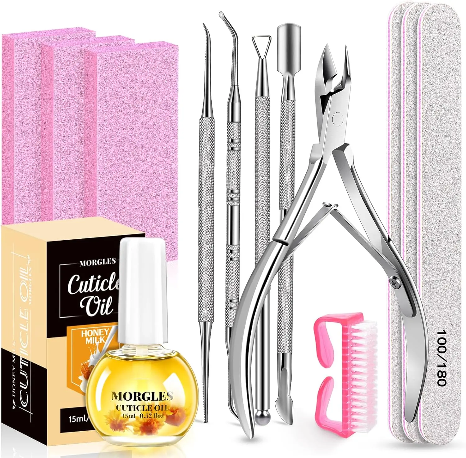 MORGLES Nail File and Buffer Block Set, 13 Piece Manicure Tools with Cuticle Oil, Cuticle Trimmer and Nail Accessories