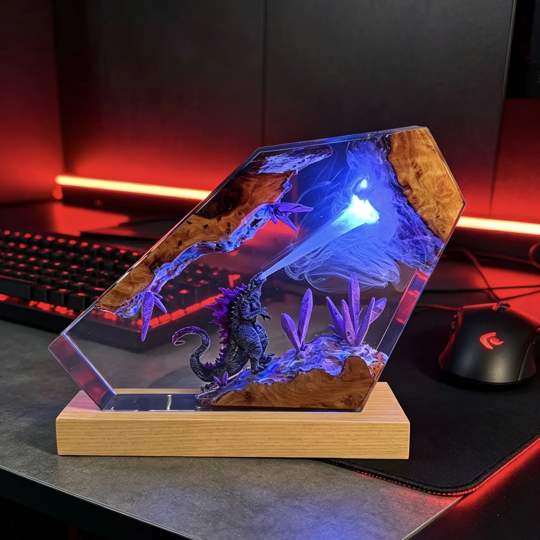Handmade Godzilla Resin Lamp Atomic Breath Resin Night Light 3D Crystal Cave Diorama Desk Lamps, USB Ambient Light for Gaming Room Bedroom, Surprise Gift for Godzilla Fans Horror Movie Lovers, Home Decor Collectible Figurine