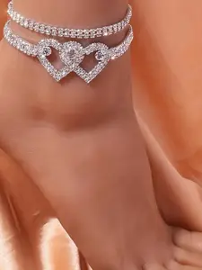 Trendy Dual Heart Ankle Bracelet, Full Rhinestone Sparkling Beach Anklet, Boho Style, Alloy Material, All Seasons Accessory