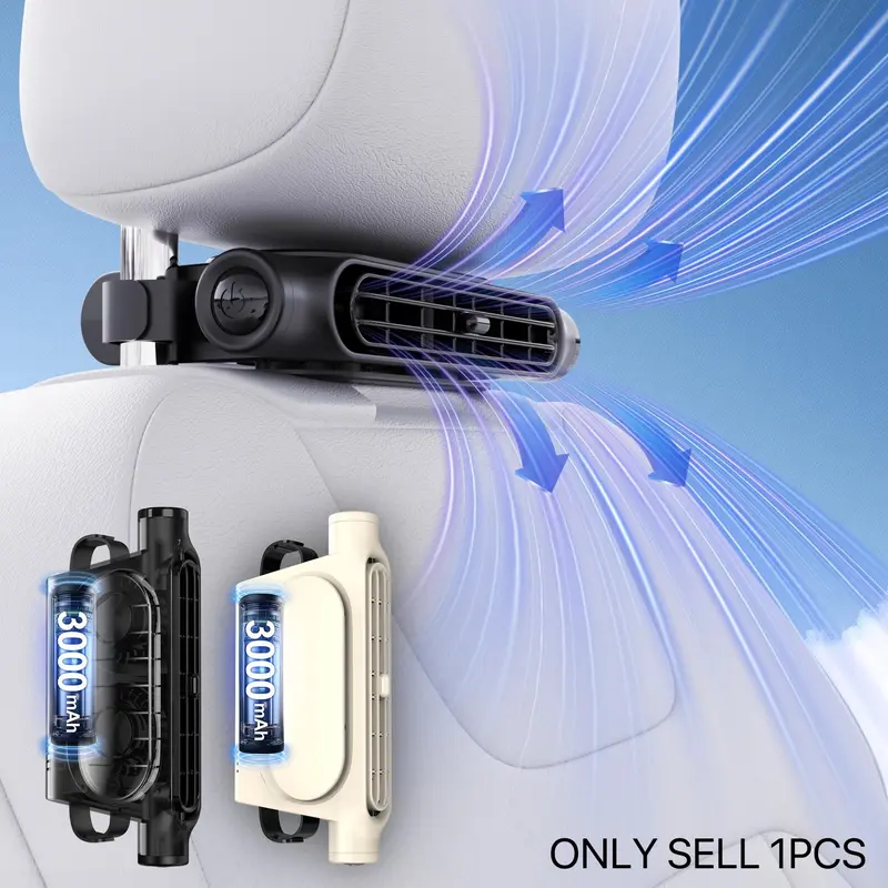 Adjustable car fan, Backseat fan, portable car seat cooler for rear seat passengers, adjustable air vents, three speed wind speed, suitable for most cars, SUV, RV, boat, with 3000mAh battery, Rechargeable Battery Fan