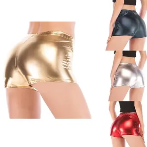 Women Silver Metallic Yoga Shorts Rave Booty Shorts Mid Waist Cheer Shorts PU Shiny Yoga Shorts Femme