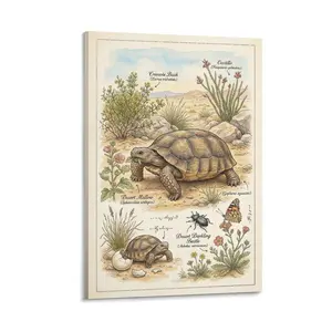 Printed Canvas Wall Art, Vintage Desert Tortoise & Wildlife Illustration, Eco - Themed Home Decor for Living Room/Bedroom/Office