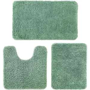 3 Pieces Rugs and mats Sets Thick Non Slip Microfiber Bath Mats and U-Rug for Bath Room Restroom,20"x30"+16"x24"+20"x20", Sage Green