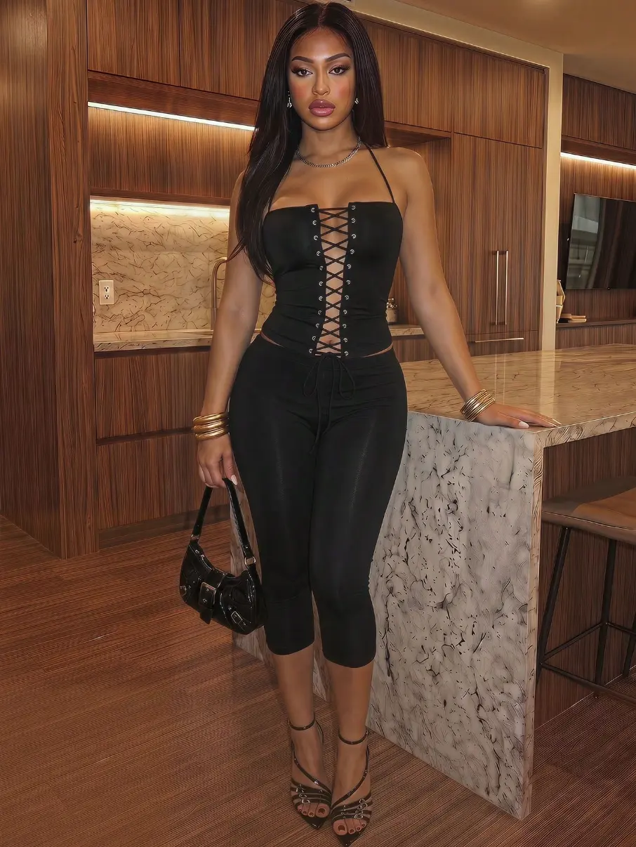Strapless Eyelet Lace-Up Corset & Capri Pants Set - Sexy Bodycon 2 Pieces Outfit For Women-A, Summer/Autumn Outfits For Women