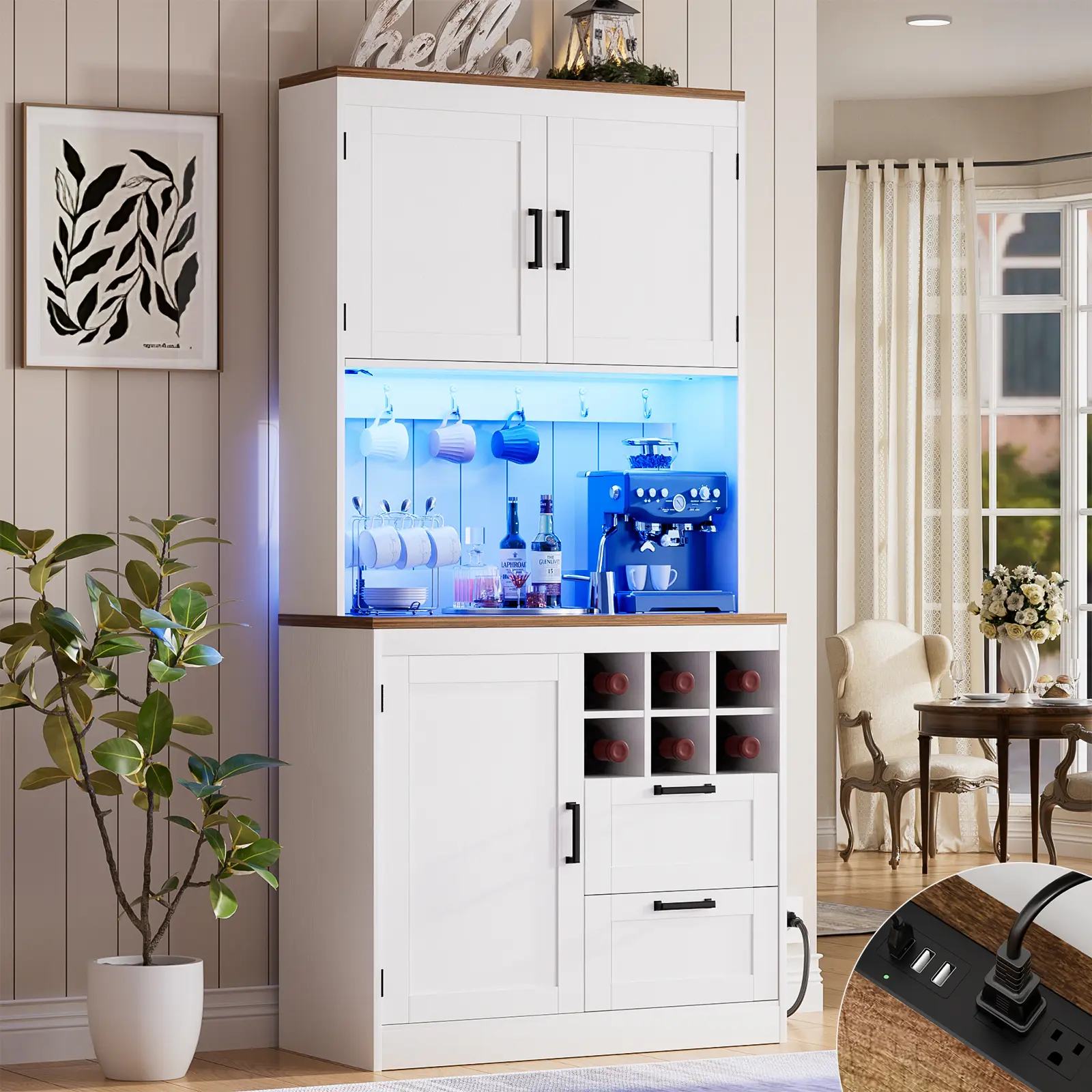 Farmhouse 72" Tall Kitchen Pantry Storage Cabinet with with Hutch and Drawers, Sturdy Coffee Wine Bar Cabinet with RGB LED Lights and Charging Station