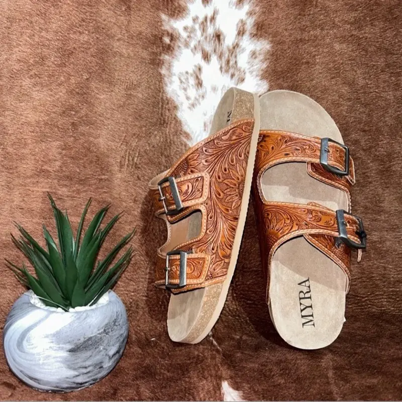 Women's Hand-Tooled Leather Sandals, Classic 2-Strap Slide Shoe with Contoured Cork Insole for Casual Everyday Footwear