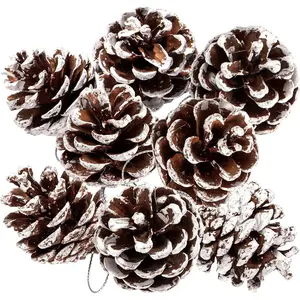 Whaline 25Pcs Christmas Natural Pine Cones Bulk Rustic Snow Pinecones with String Pine Cone Pendant Winter Holiday Hanging Ornament for Xmas Tree Gift Tag Party Decoration, 1.6-2 Inch