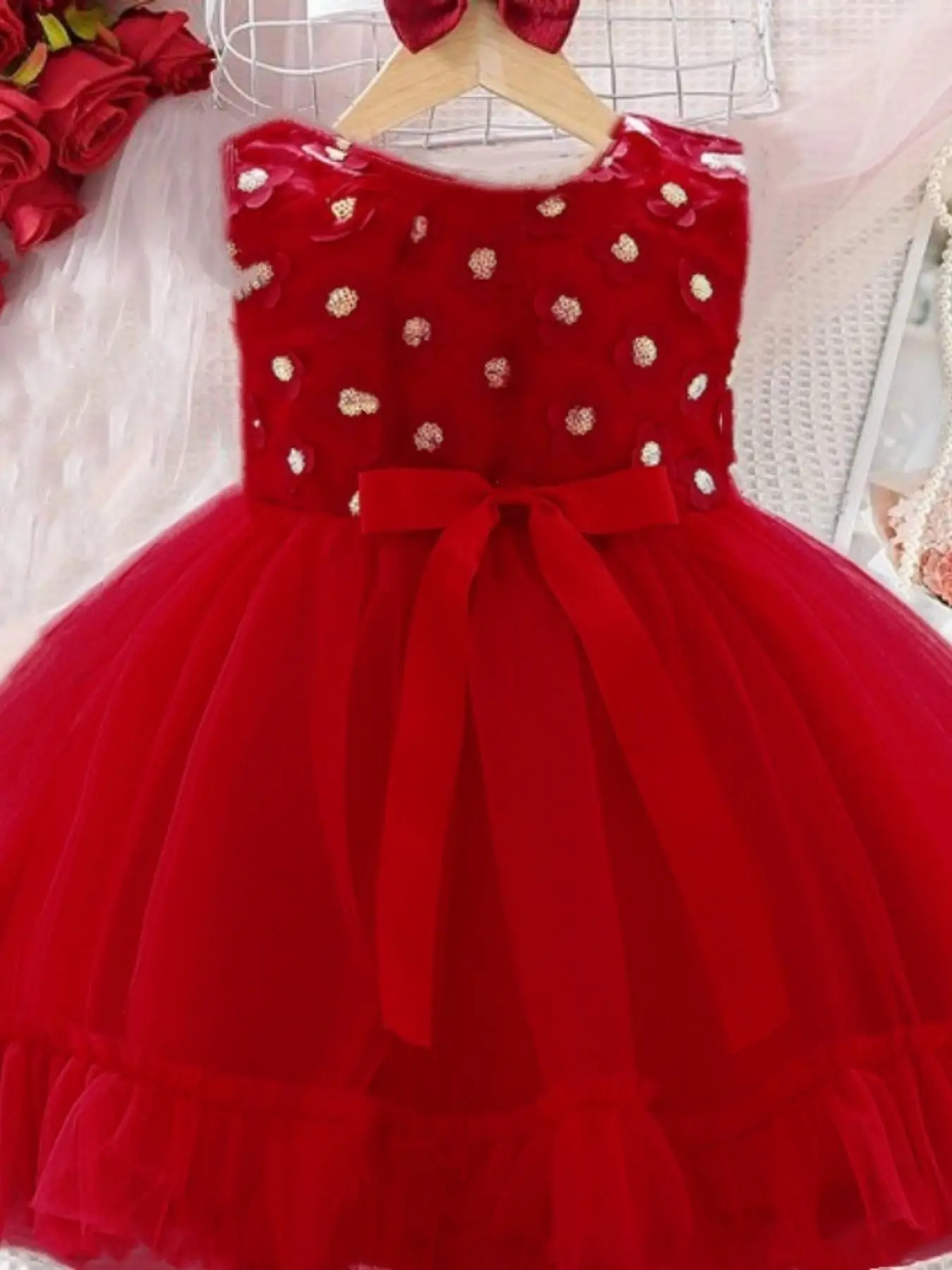 Baby Girl's Floral Decor Contrast Mesh Dress, Cute Romantic Princess Dress for Party Photography, Newborn Infant Kids Clothes for All Seasons, Baby Cl