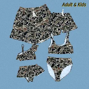 Kids Girls Summer Outfit Family Matching Camo Print Swimsuit Mommy Daughter Bikini Top Bottoms Swimwear Father Son Trunks Batching Pool Day
