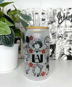 Anime Glass Cup with Straw Frosted Textured 16oz