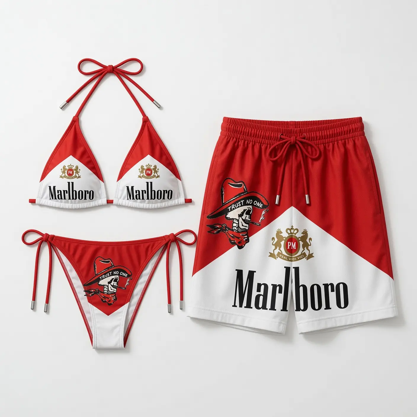 M@rlboro Red Matching Couple Swimwear Set, Western Cowboy Logo String Bikini and Hawaiian Shorts, His and Hers Beach Vacation Outfit Gift