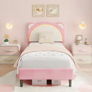 【GARVEE】Twin and Twin XL LED Bed Frame for Kids - Adjustable Bear Headboard, Soft Suede-like, Storage Drawers, Solidified Wood Slats, Easy Assembly - Pink or Blue