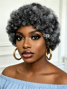 Short Afro Curly Pixie Wig, Mix Color, Human Hair Wig, Machine Made, Daily Party Use, Stylish Gift Wig for Women