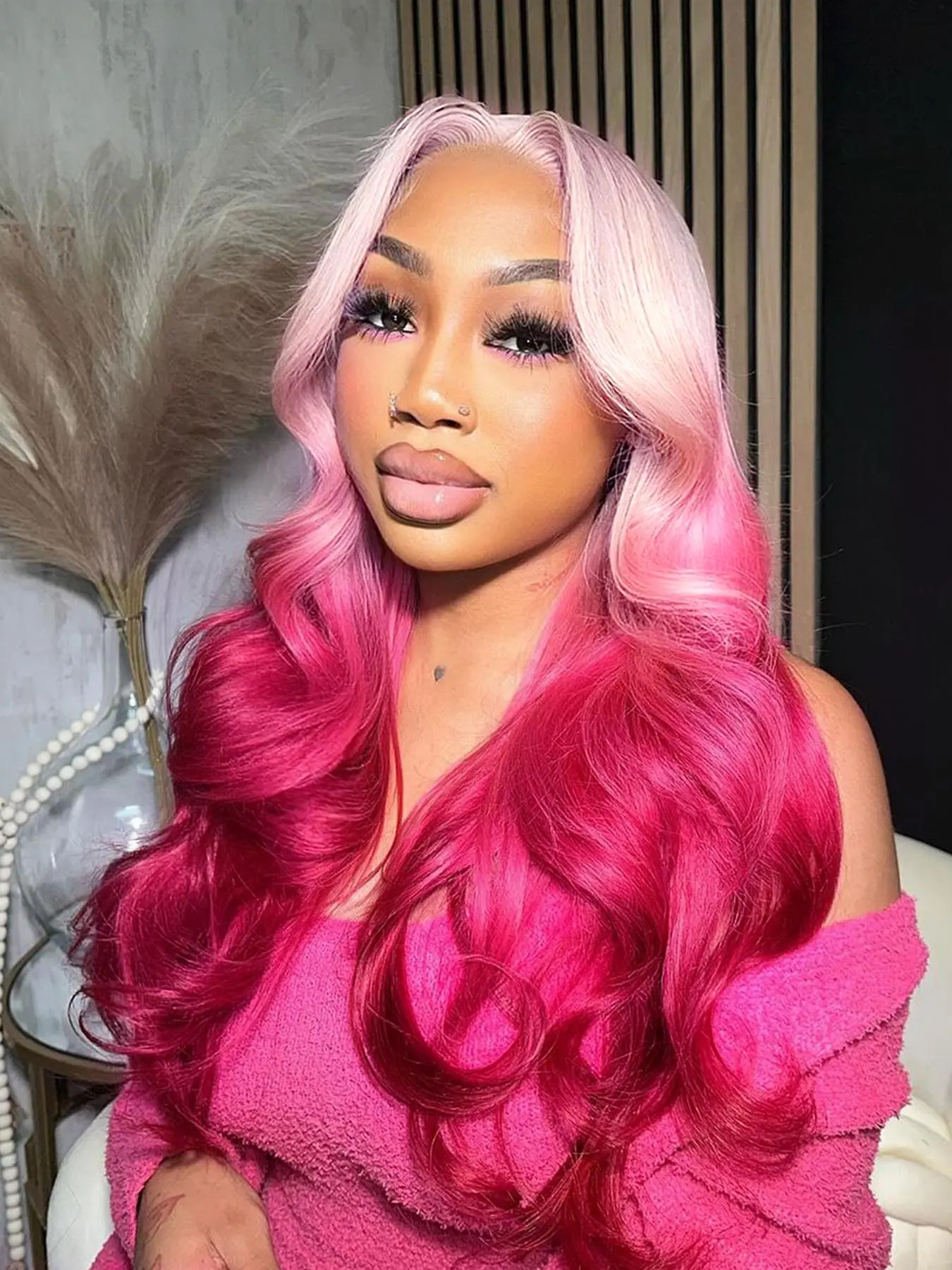 30-Inch Deep Pink Long Body Wave Wigs for Women, Gorgeous Fluffy Wigs without Bangs, Synthetic Glueless Lace Frontal Wigs for Party, Suitable for White Women