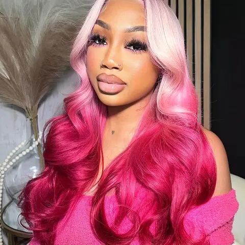 30-Inch Deep Pink Long Body Wave Wigs for Women, Gorgeous Fluffy Wigs without Bangs, Synthetic Glueless Lace Frontal Wigs for Party, Suitable for White Women, Glueless Wavy Wig