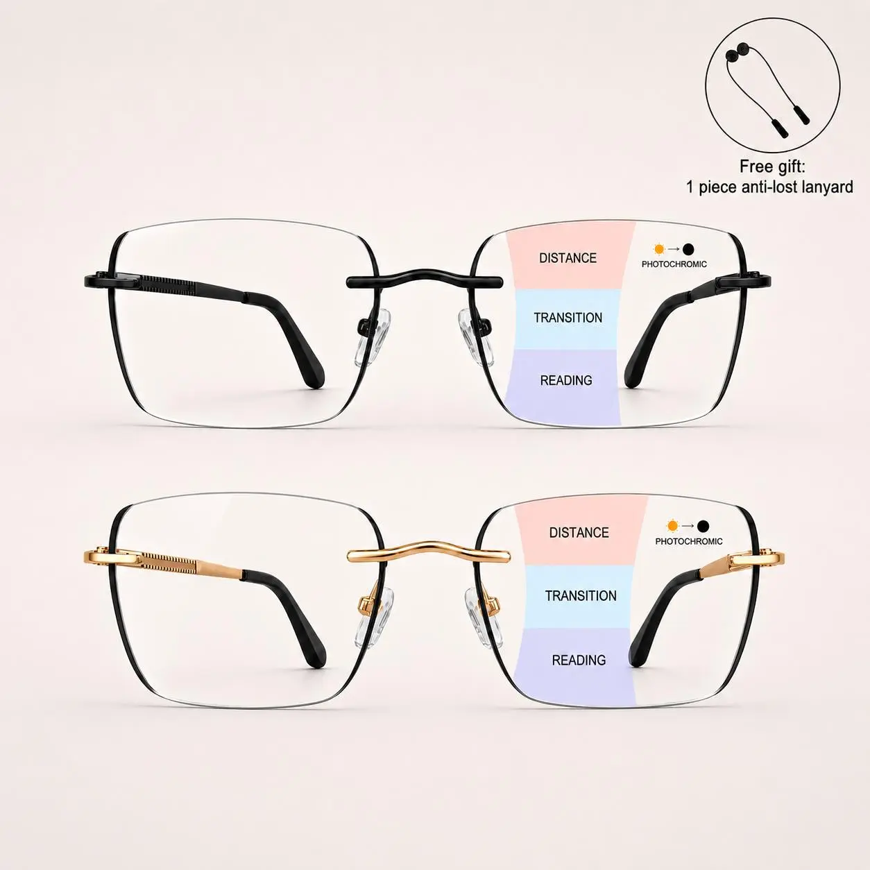 Progressive Photochromic Reading Glasses for Men & Women, Multifocal Light-Adaptive Readers for Near & Far Vision, Lightweight Rimless Eyeglasses