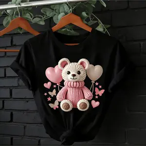 Women'sSoftT-ShirtwithAdorableTeddy Bear&BalloonPrint-Short Sleeve,Casual RoundNeckTop,Lightweight&Stretchyfor CasualAttire,CasualDailyWear|GirlyCasual Style|ComfortableFit