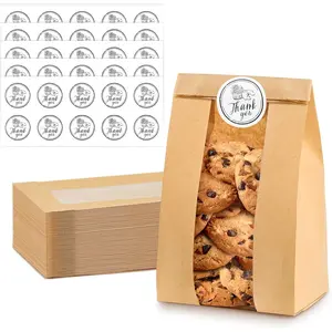 50 count Cookie Bags with Window, 3.5x2.3x7.5 Inch  Paper Bakery Bags with Thank You Stickers for Snack, Popcorn, Coffee Bean, Party Favor, Cookie Packaging