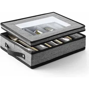 5 Compartment Flatware Storage Box with Padded Dividers & Handles, Grey Cutlery Storage Case for Organizing and Protecting Silverware Utensils