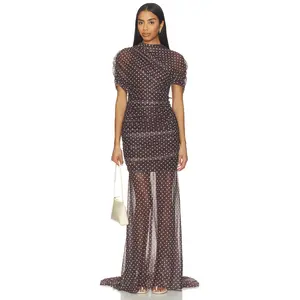 Amanda Uprichard X Revolve Evianna Mesh Gown in Chocolate Brown Polka Dot