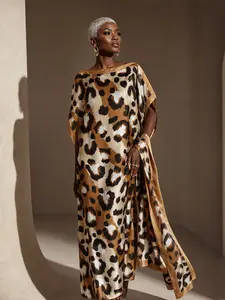 [MOOMOO] Women’s Fashion Print Long Robe Set,Matching Moomoo Dress&Headband, Beach Cover Up Dress & Scarf Set – Floral / Leopard / Colorblock Shawl Poncho, Soft Summer Vacation Beachwear, TikTok Trending Outfit.Casual Open Front Outwear.Comfotable.008