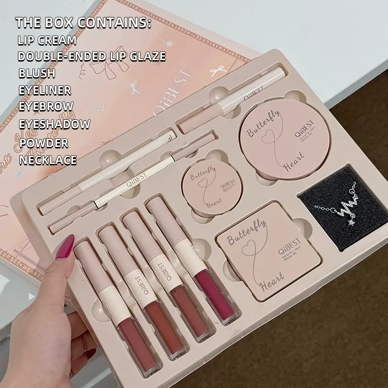 New Heart Key Butterfly Makeup Kit | All-in-One Full Set with Lip Gloss, Lip Milk, Blush, Eyeshadow, Powder, Eyebrow Pencil, Eyeliner & Delicate Necklace, Ideal for Beginners & Gifting, Face Makeup Set