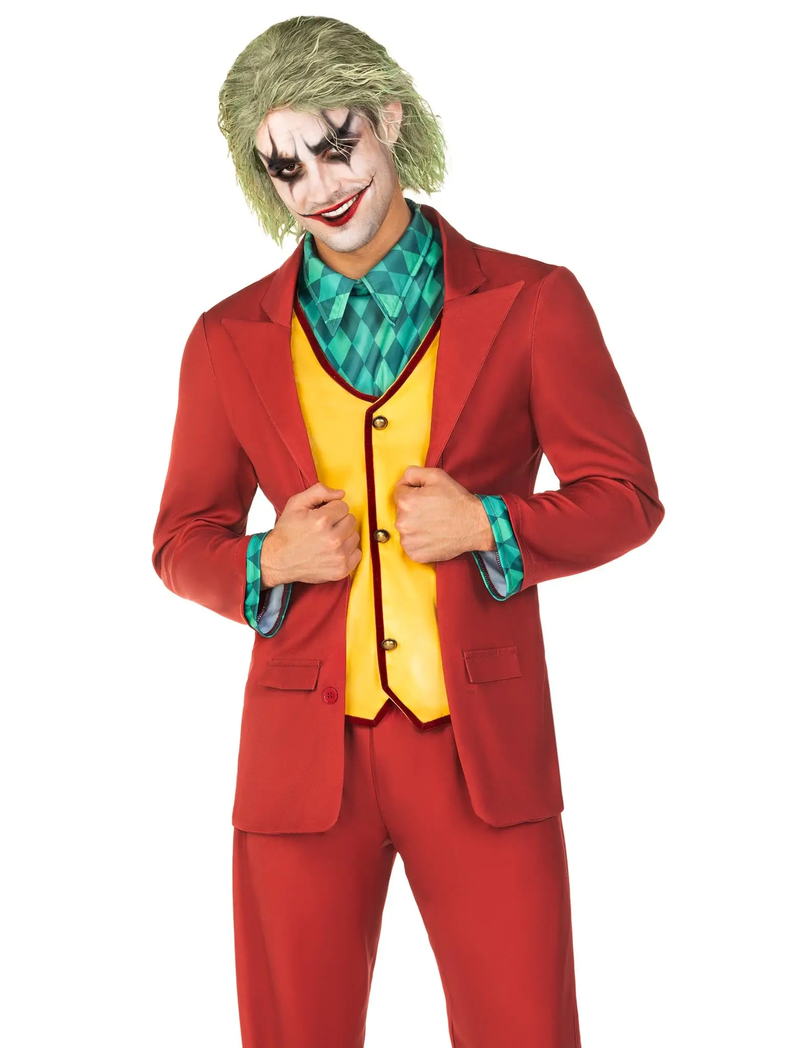 Men's 3-Piece Clown Costume, Slim-Fit Pinstripe Gotham Villain Outfit with Jacket & Pants for Halloween Parties