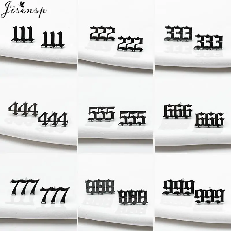 Black Lucky Angel Number Stainless Steel Earrings Women 111 222 333 555 666 777 888 999 444 Figure Ear Studs Girls Birthday Gift