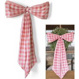 Oversized Gingham Decorative Bow for Wreaths, Christmas Tree & Home Decor – Large Ribbon Bow for Front Door & Holiday Decorating (Pink)