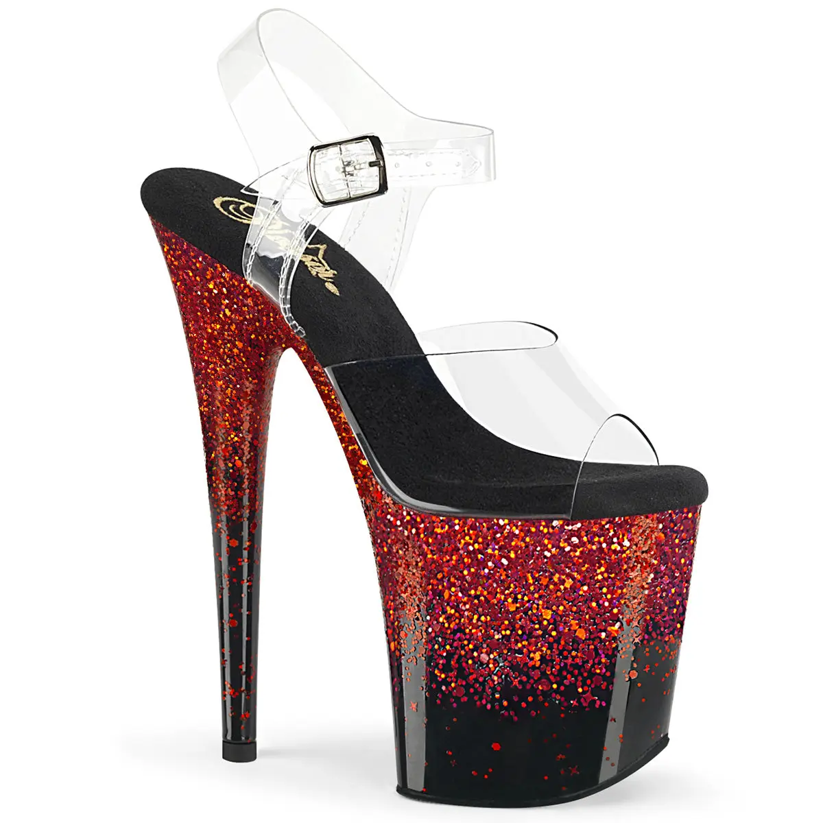 Women's Classy Strappy Sandals - 8 In/8-inch High Heel, 4-inch Platform, Adjustable Ankle Strap, FLAMINGO-808SS Clear-Black-Red Multi Glitter with Holographic Gradient, Comfortable Performance Shoes for Performers