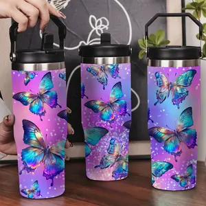 30oz Stainless Steel Insulated Tumbler with Leak-Proof Lid & Portable Handle - colorful butterflies flying on a dreamy background,Long-Lasting Hot/Cold Insulation,Perfect for Car,Office,Travel and Birthday Gifts, Travel Drinkware,Horse Drink Water Bottles
