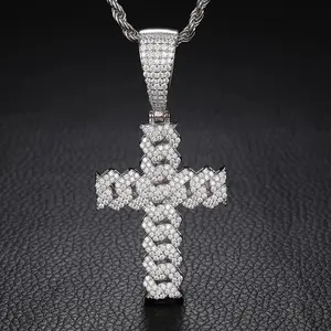 M2-2036 Men's Hip Hop Iced-Out Cuban Cross Pendant Necklace with Rope Chain