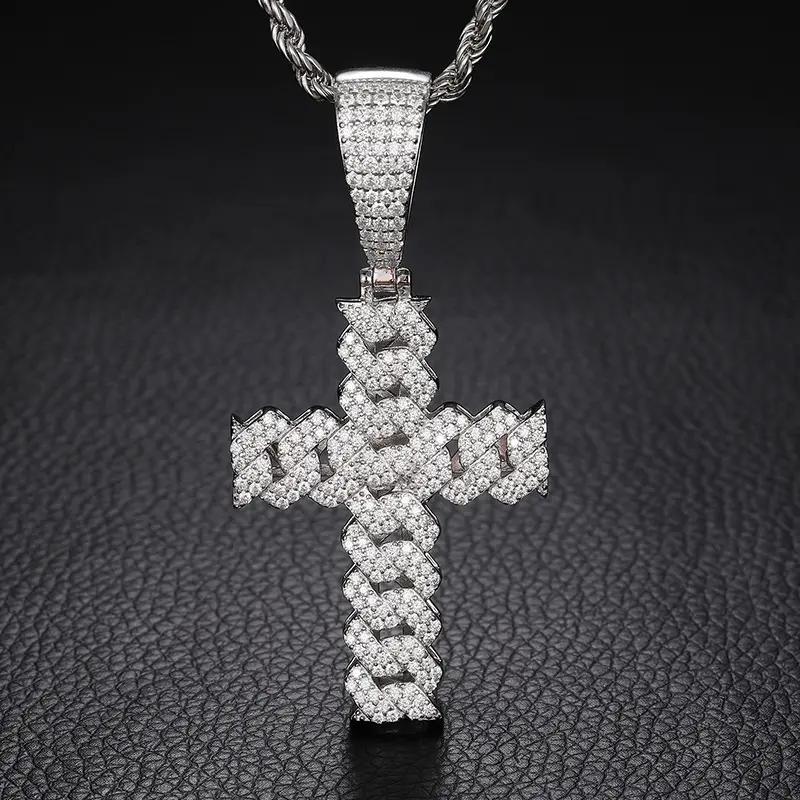 M2-2036 Men's Hip Hop Iced-Out Moiss Cross Pendant Necklace with Rope Chain Iced Out Jewelry summerwins